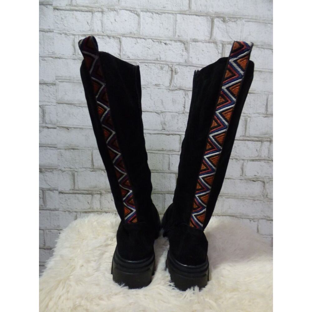 $235 Farm Rio Black Suede Embroidered Back Platform Lug Sole Boots 7 NEW